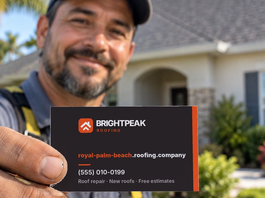royal-palm-beach.roofing.company on a roofer's business card