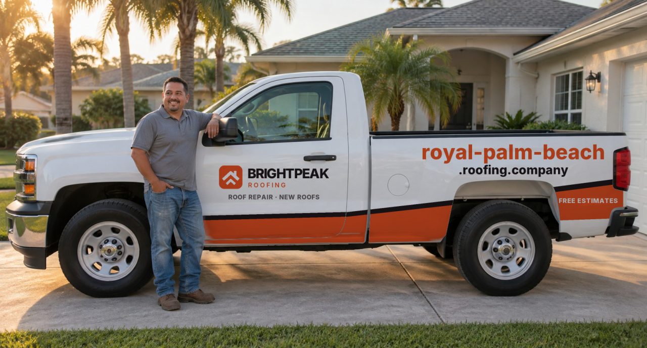 royal-palm-beach.roofing.company painted on the side of a white work truck