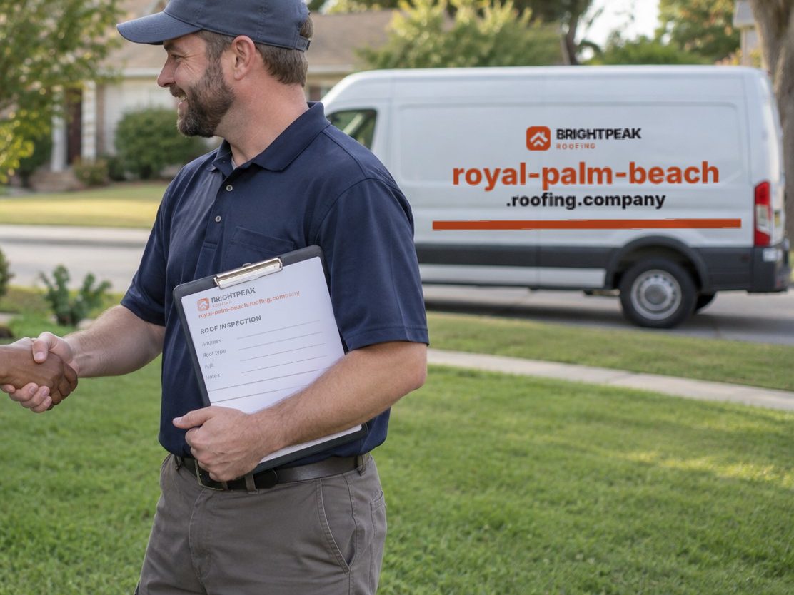 royal-palm-beach.roofing.company on a roofing van and an inspection form